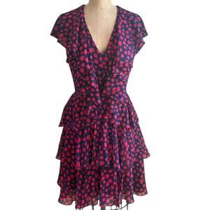 Jason Wu romantic navy magenta silk polka dot ruffles dress size S